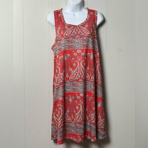 Women’s Paisley Red Sleeveless Scoop Neck Tank Style Loose Fit Dress Size L